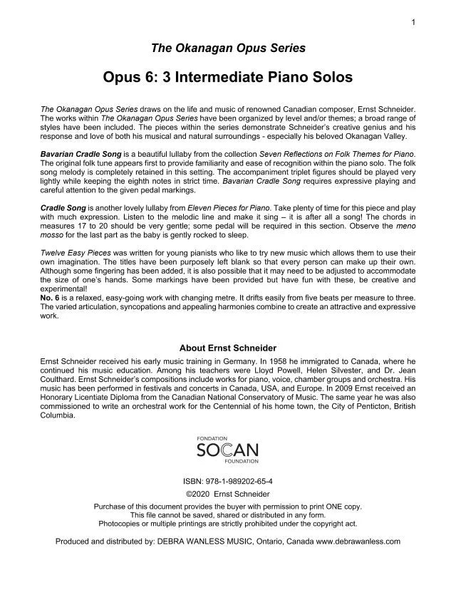 Okanagan Opus 6: Intermediate Piano Solos (PDF Download)